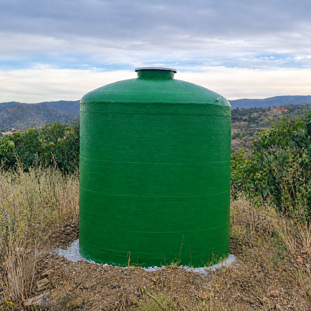 Depósito de poliéster vertical de color verde instalado en una finca